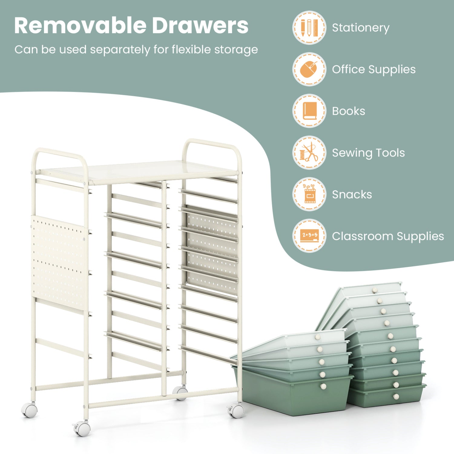 15-Drawer Rolling Storage Cart with Metal Tabletop and Pegboard-Green