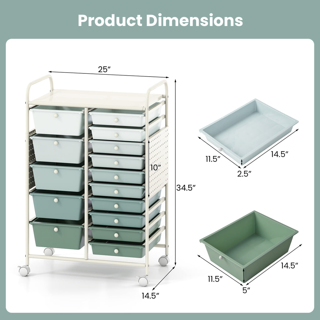15-Drawer Rolling Storage Cart with Metal Tabletop and Pegboard-Green