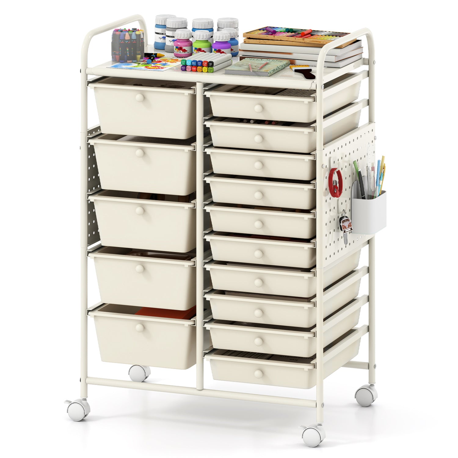15-Drawer Rolling Storage Cart with Metal Tabletop and Pegboard-White