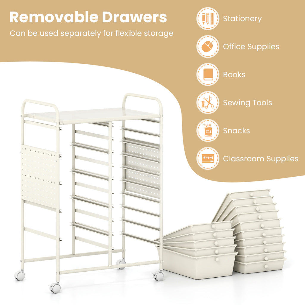15-Drawer Rolling Storage Cart with Metal Tabletop and Pegboard-White