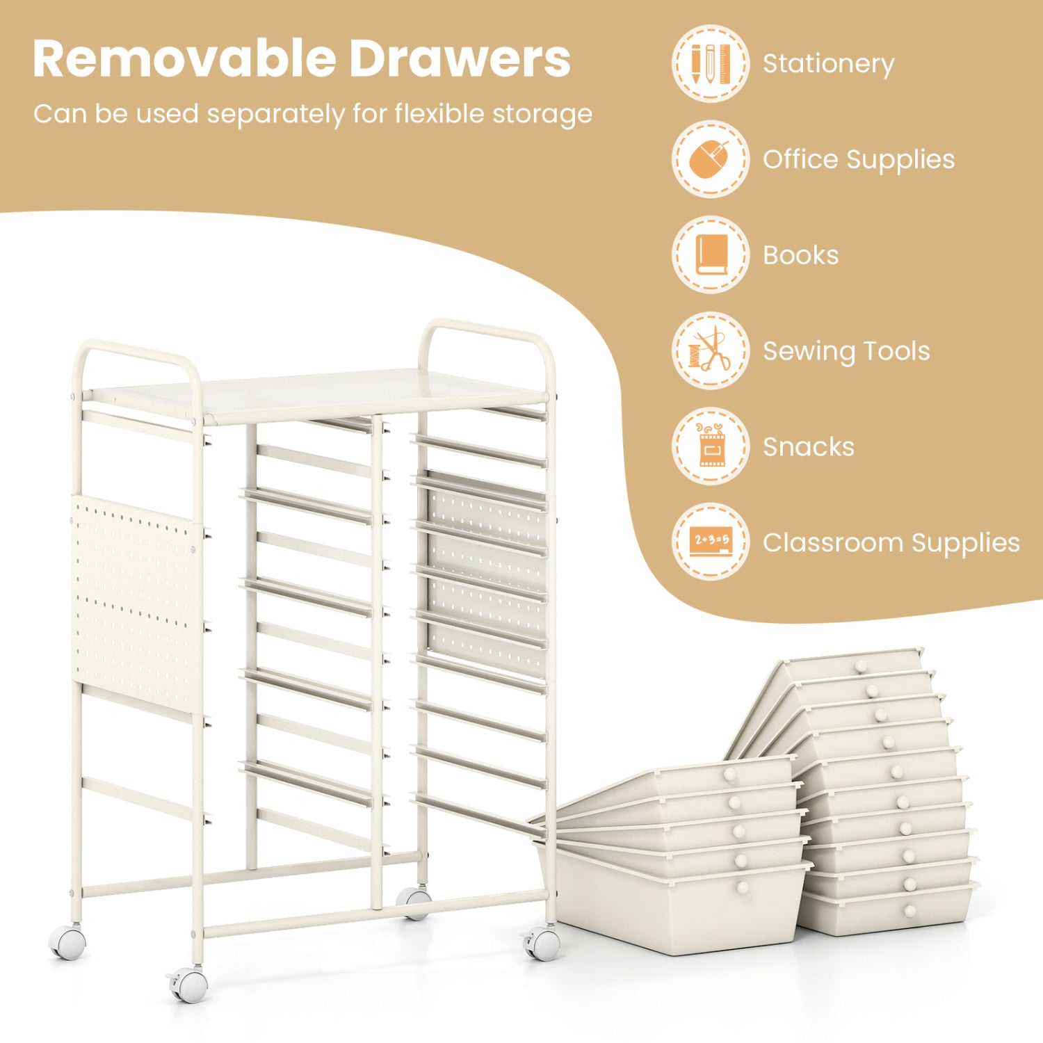 15-Drawer Rolling Storage Cart with Metal Tabletop and Pegboard-White