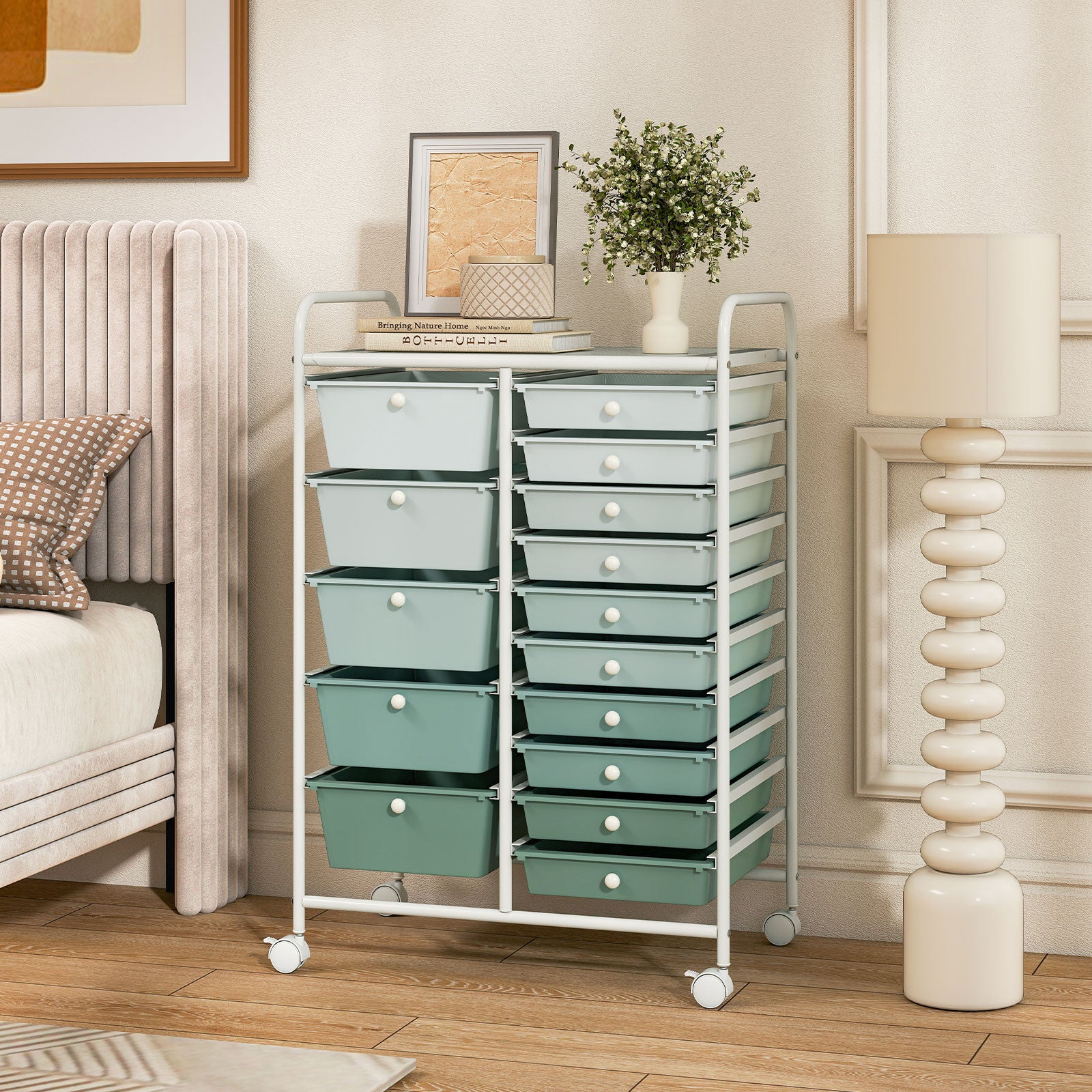 15-Drawer Utility Rolling Cart with Drawers Multi-Use Storage-Lime Green