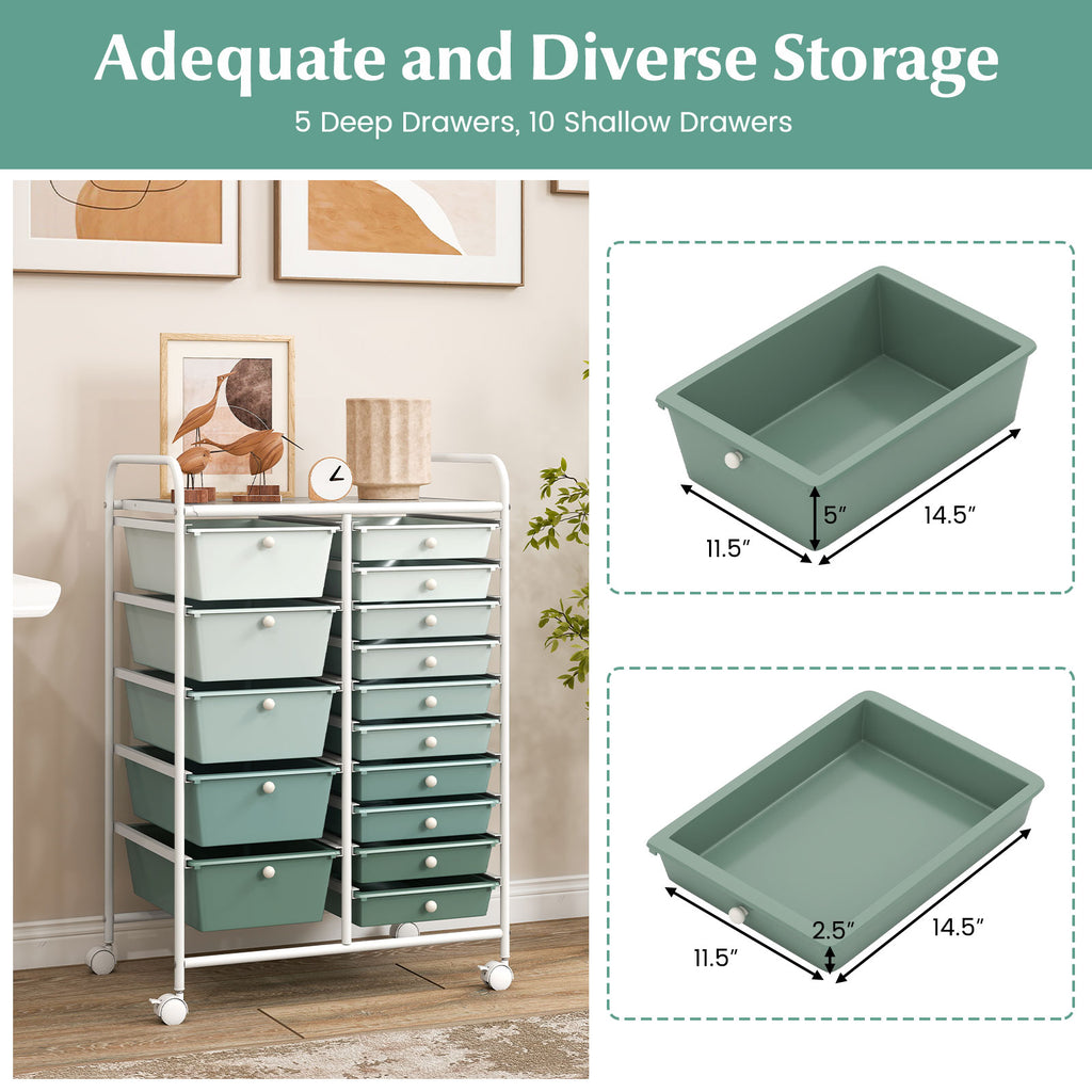 15-Drawer Utility Rolling Cart with Drawers Multi-Use Storage-Lime Green