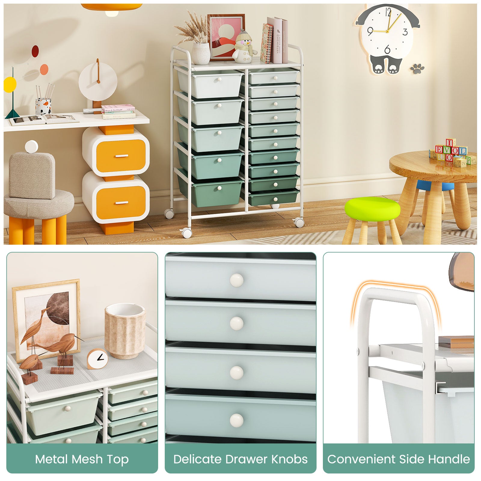 15-Drawer Utility Rolling Cart with Drawers Multi-Use Storage-Lime Green
