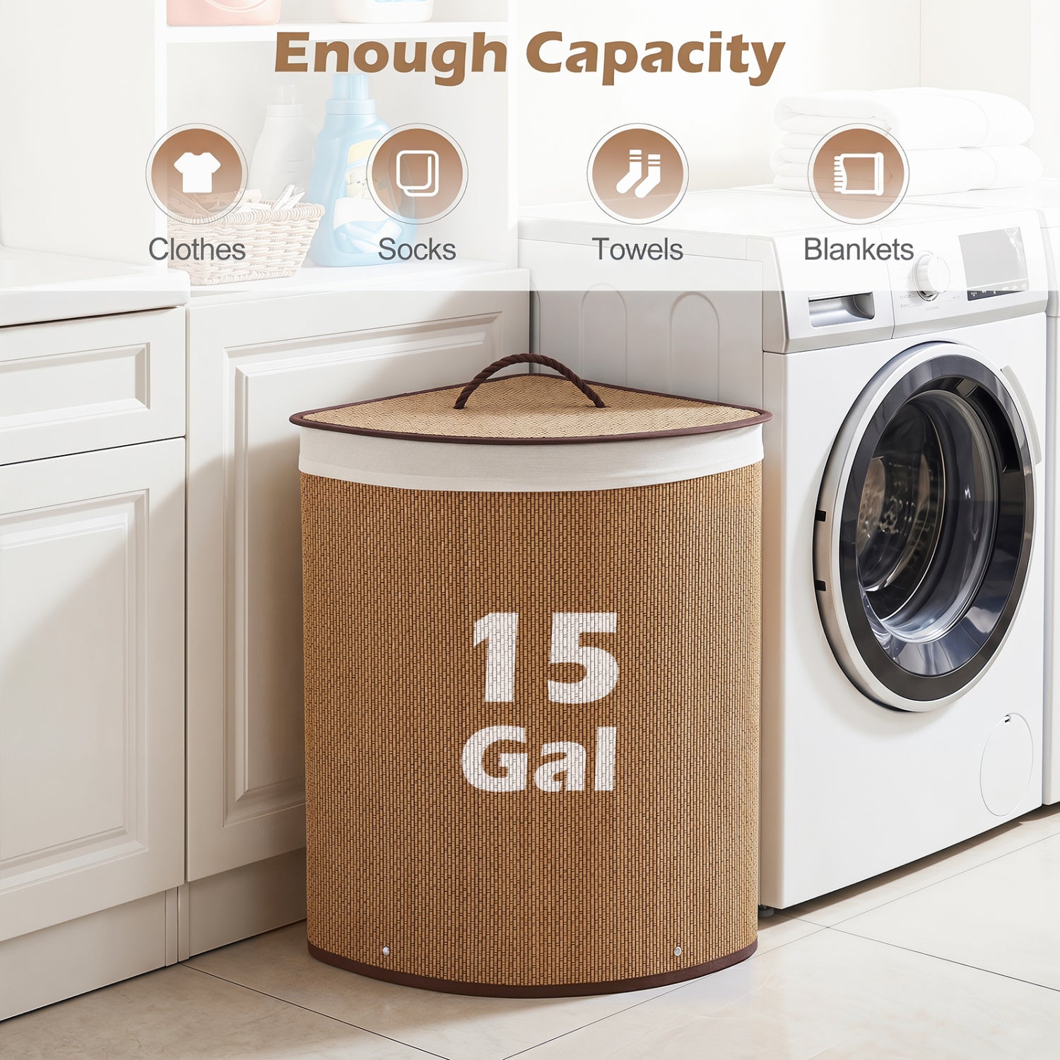 15 Gal Capacity Bamboo Laundry Hamper with Removable Liner-Brown
