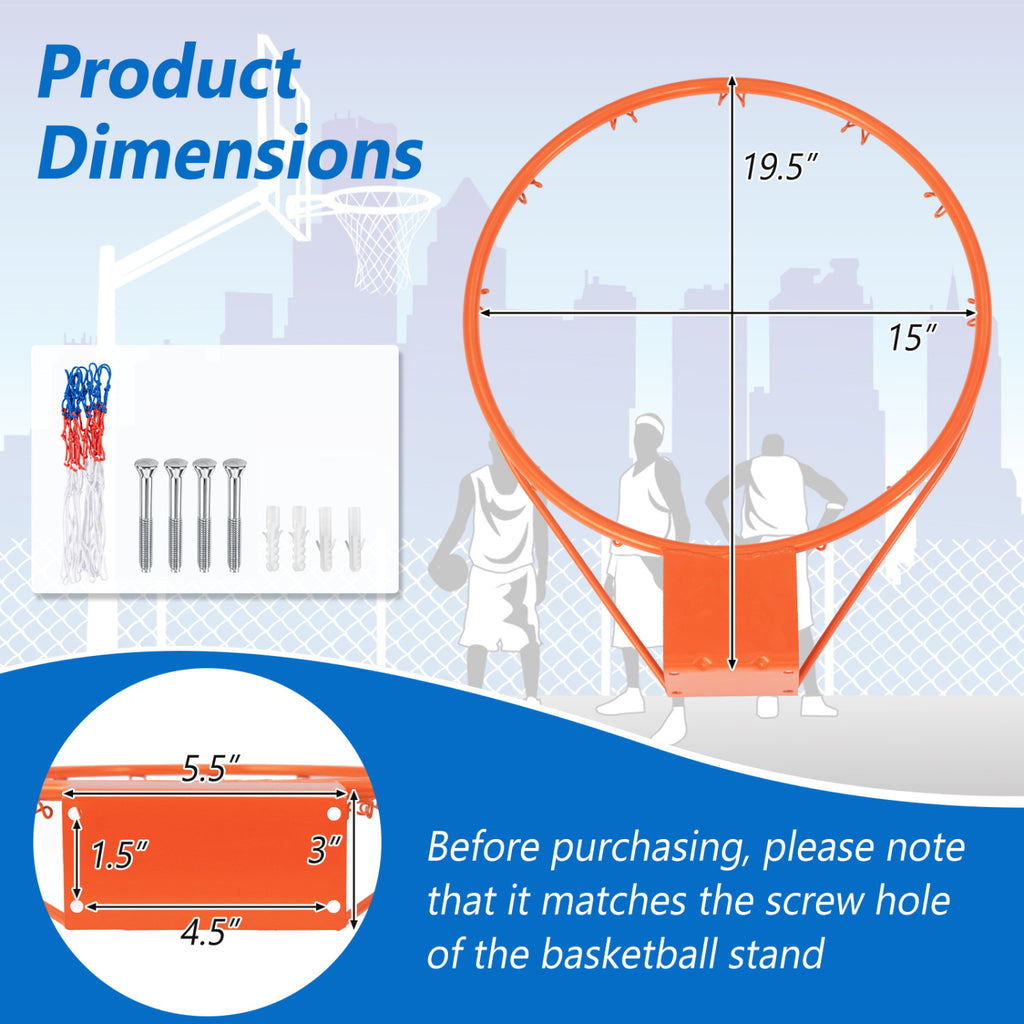 15 Inch Basketball Rim Goal Replacement with All Weather Net and Mounting Hardware-Orange