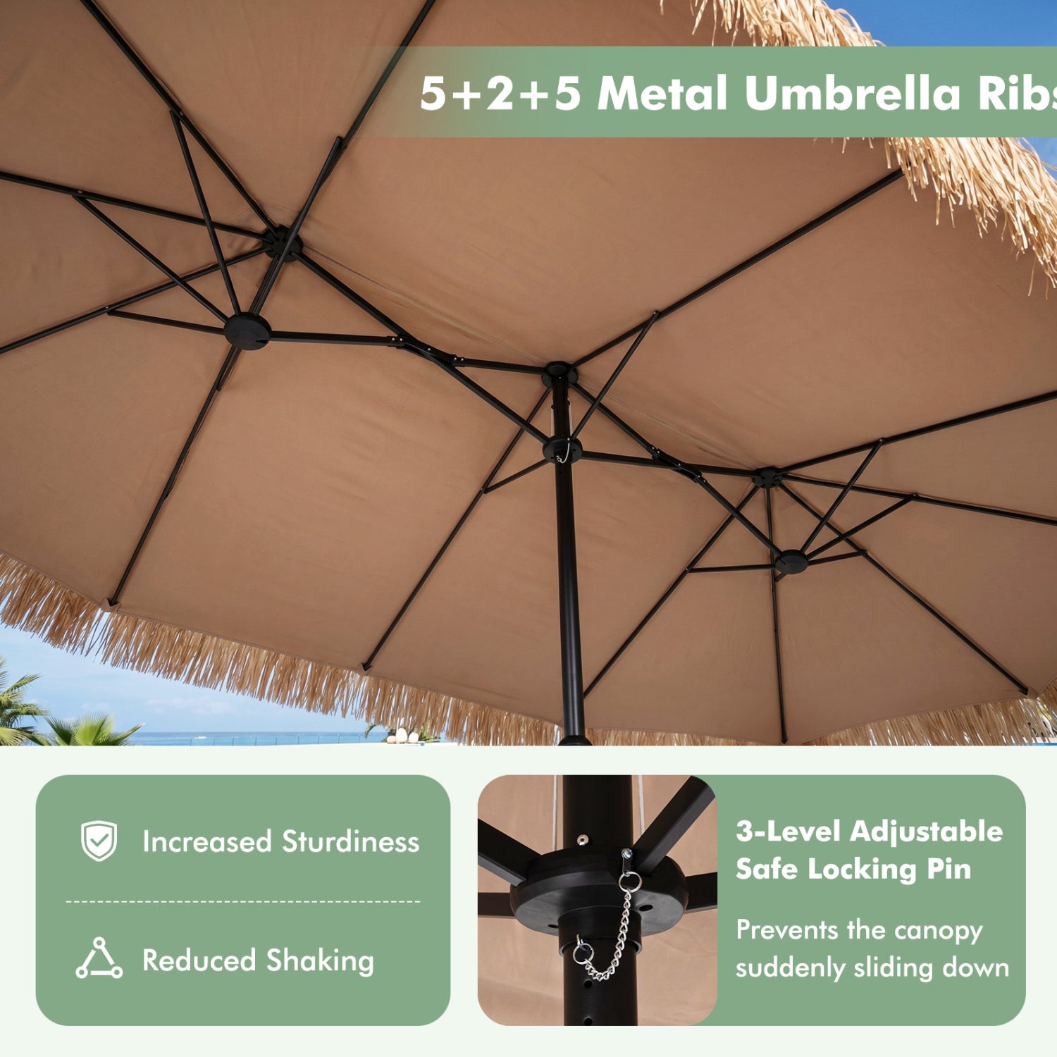 15 x 9 FT Double-sided Thatched Tiki Patio Umbrella with Crank Handle and 12 Sturdy Ribs-Brown