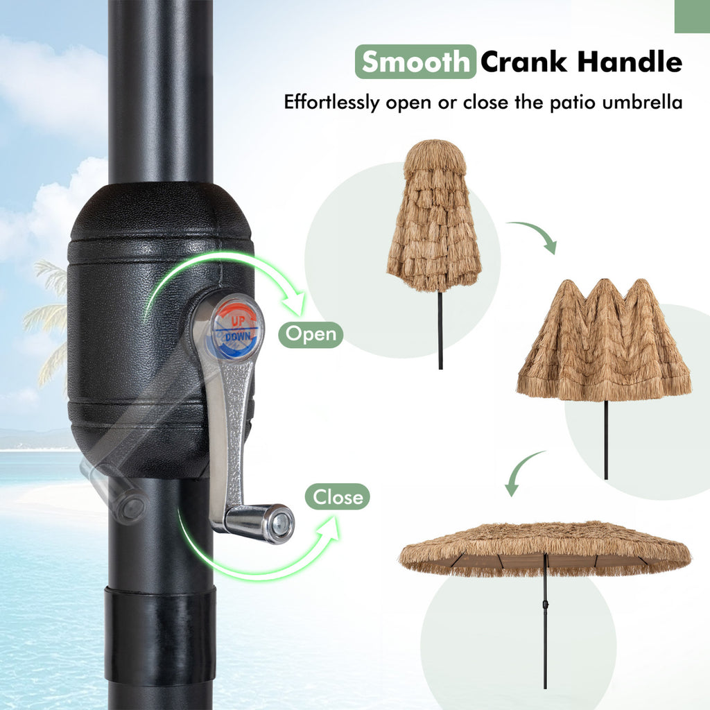 15 x 9 FT Double-sided Thatched Tiki Patio Umbrella with Crank Handle and 12 Sturdy Ribs-Brown