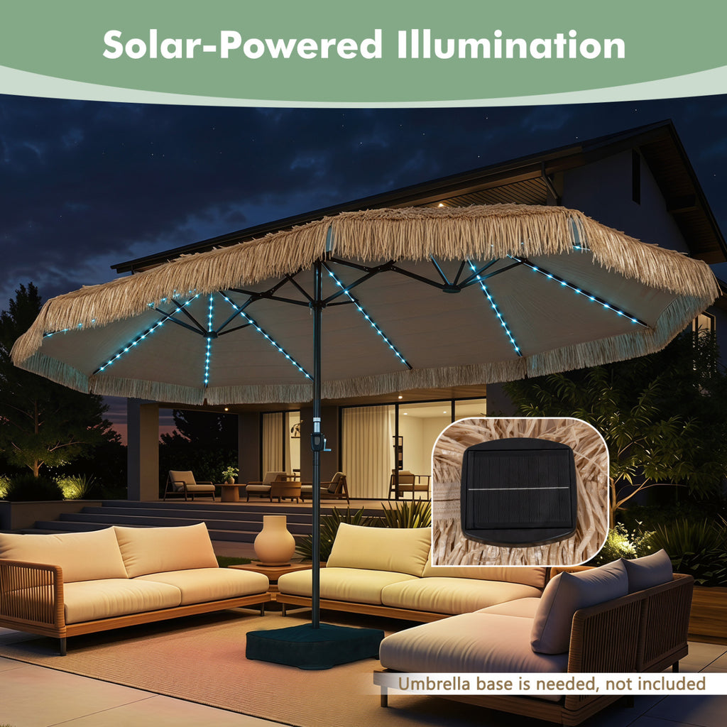 15 x 9 FT Solar Double-sided Patio Umbrella with 144 Multi-colored Flowing Lights 12 Modes and 12 Ribs-Brown