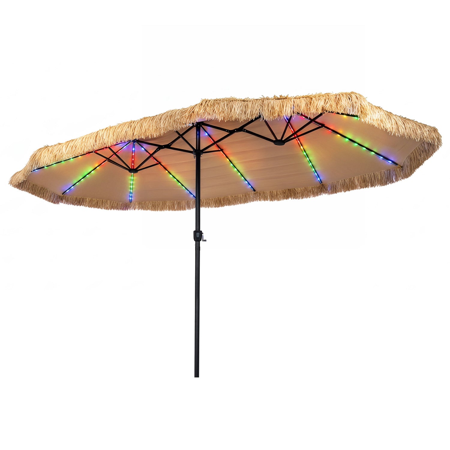 15 x 9 FT Solar Double-sided Patio Umbrella with 144 Multi-colored Flowing Lights 12 Modes and 12 Ribs-Brown