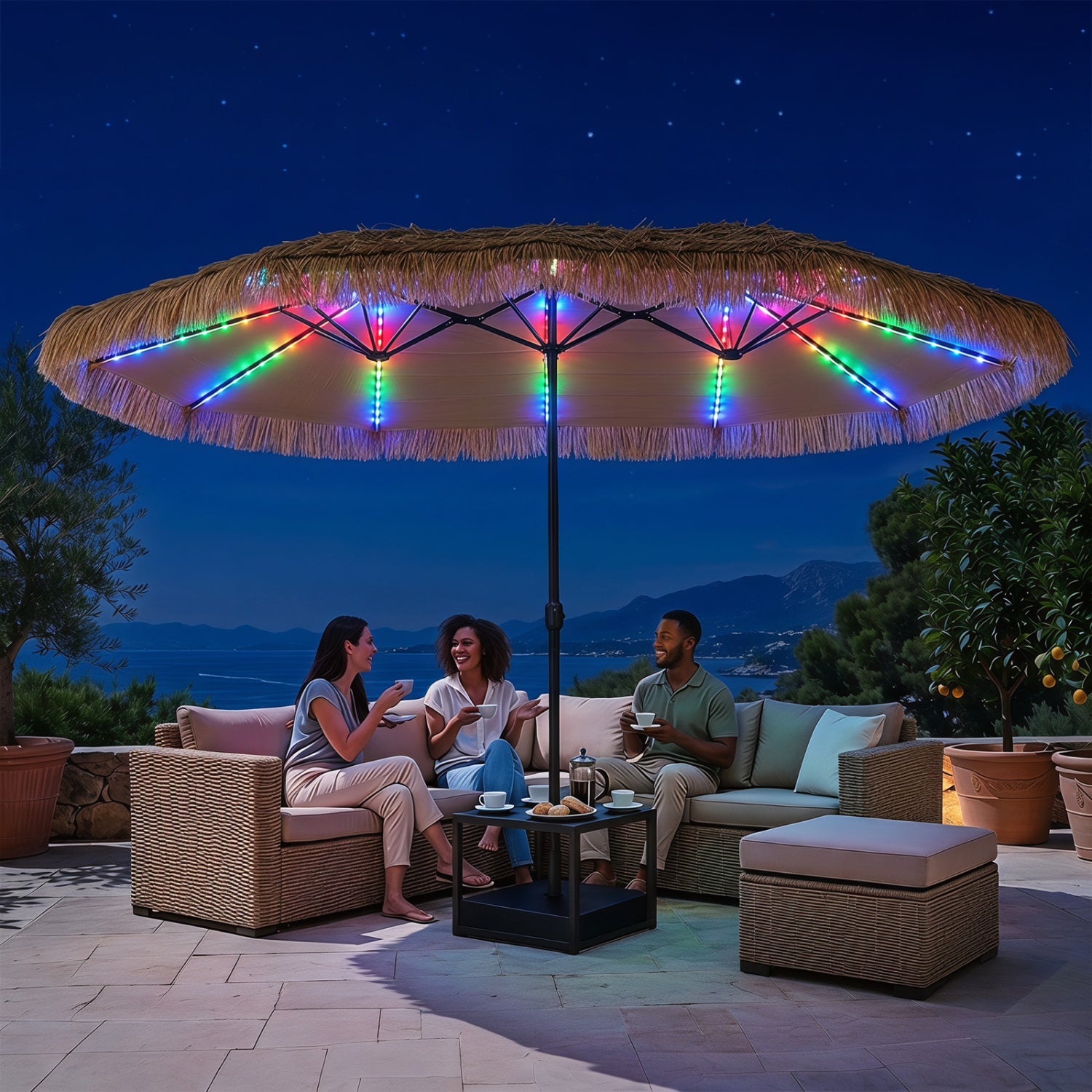 15 x 9 FT Solar Double-sided Patio Umbrella wITH 144 Multi-colored Flowing Lights and Umbrella Base-Brown