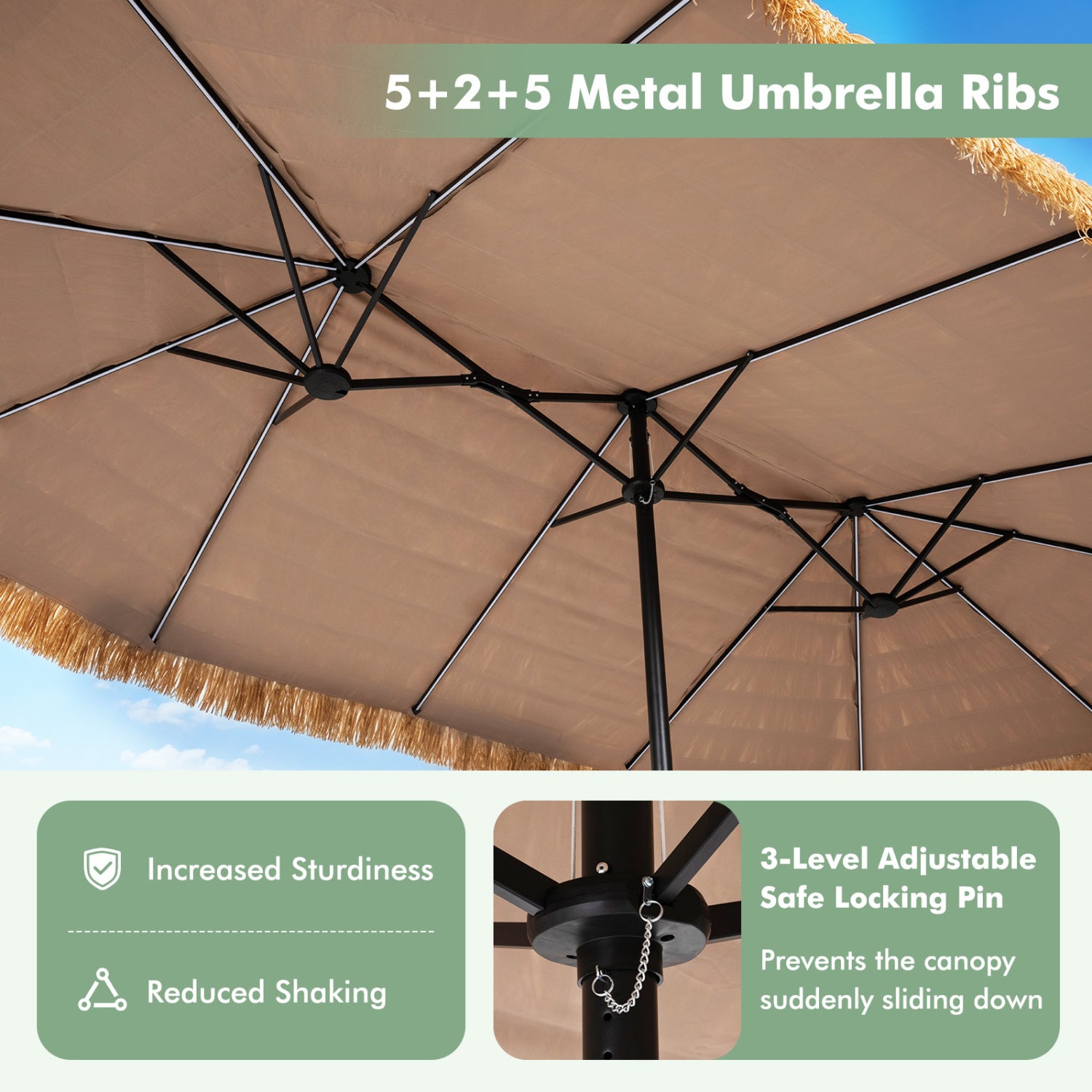 15 x 9 FT Solar Double-sided Patio Umbrella wITH 144 Multi-colored Flowing Lights and Umbrella Base-Brown