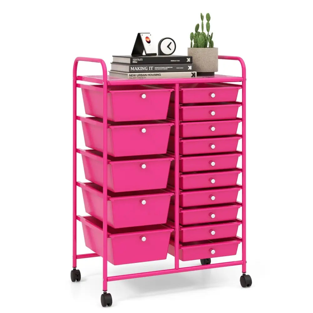 15Drawer Utility Rolling Organizer Cart MultiUse StoragePink - Oasis Home Essentials