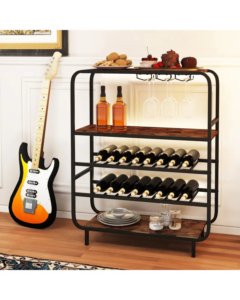 16 Bottle Wine Rack with 5-Tier Wine Shelf and Glass Holders for Kitchen Bar-Rustic Brown - Rustic Brown - Wine Racks