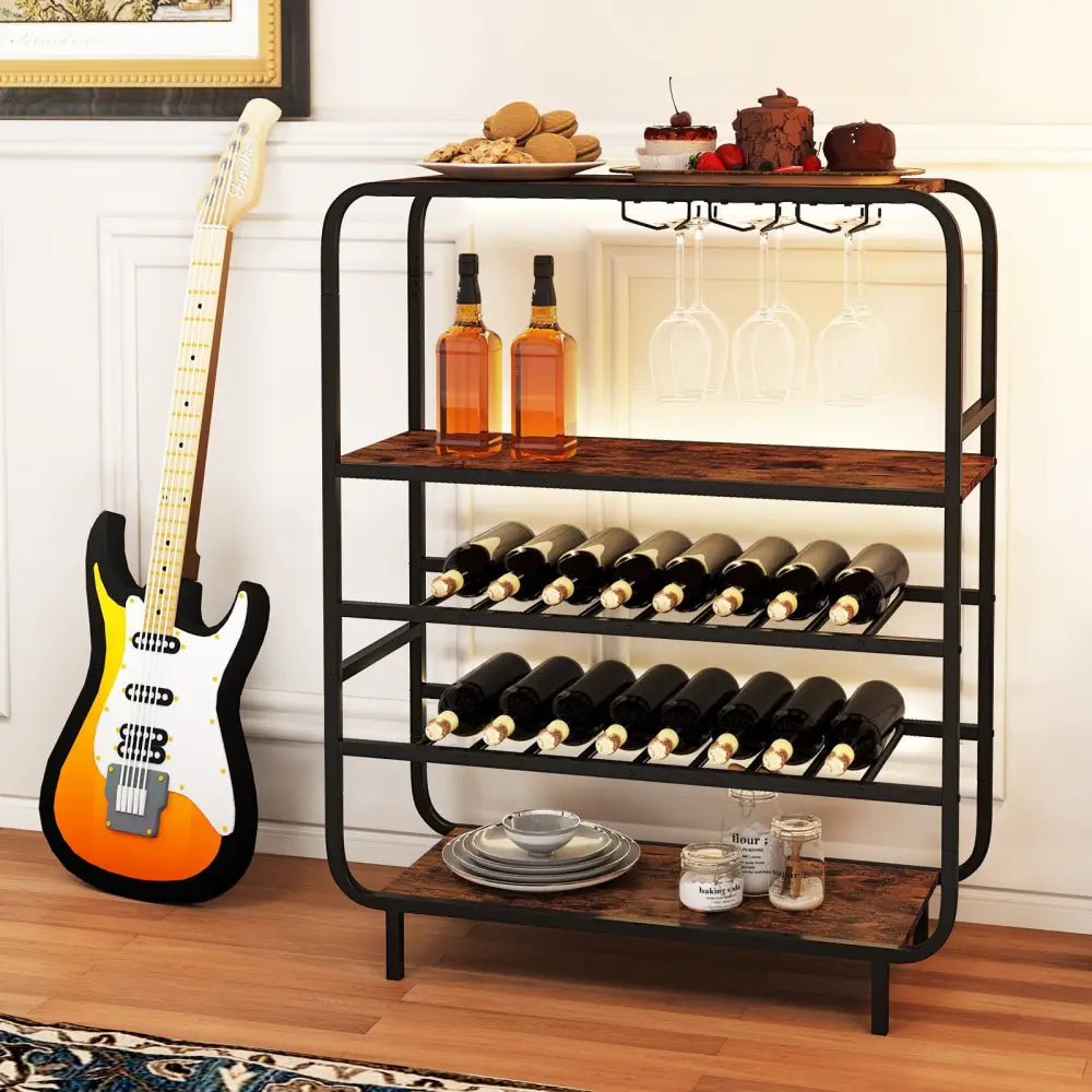 16 Bottle Wine Rack with 5-Tier Wine Shelf and Glass Holders for Kitchen Bar-Rustic Brown - Rustic Brown - Wine Racks
