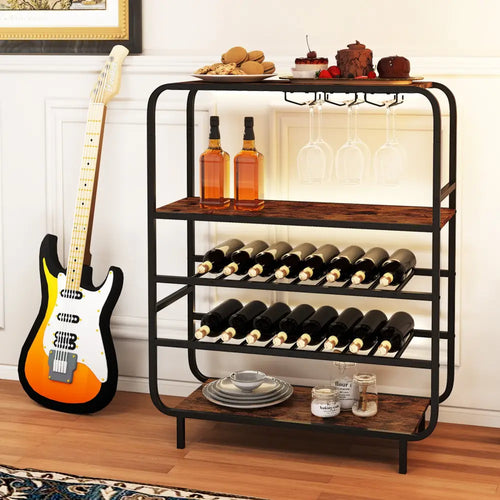16 Bottle Wine Rack with 5-Tier Wine Shelf and Glass Holders for Kitchen Bar-Rustic Brown - Rustic Brown - Wine Racks