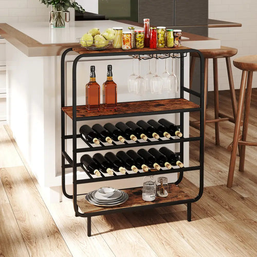 16 Bottle Wine Rack with 5-Tier Wine Shelf and Glass Holders for Kitchen Bar-Rustic Brown - Rustic Brown - Wine Racks