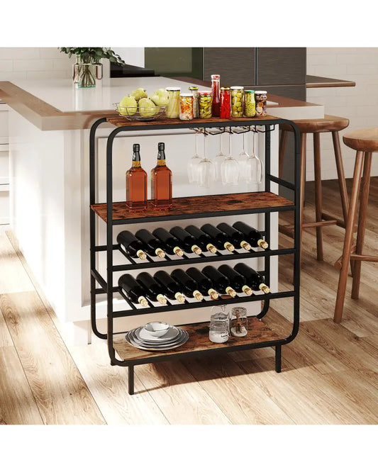 16 Bottle Wine Rack with 5-Tier Wine Shelf and Glass Holders for Kitchen Bar-Rustic Brown - Rustic Brown - Wine Racks