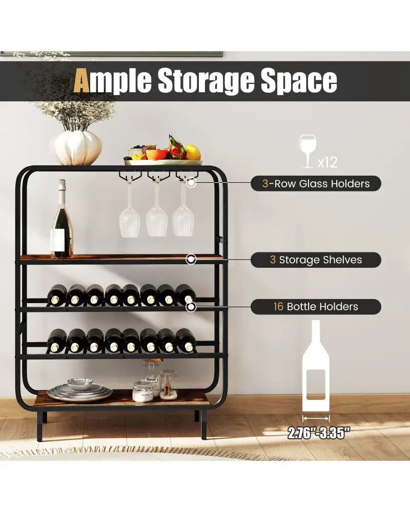 16 Bottle Wine Rack with 5-Tier Wine Shelf and Glass Holders for Kitchen Bar-Rustic Brown - Rustic Brown - Wine Racks
