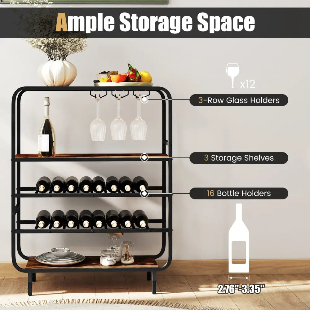 16 Bottle Wine Rack with 5-Tier Wine Shelf and Glass Holders for Kitchen Bar-Rustic Brown - Rustic Brown - Wine Racks