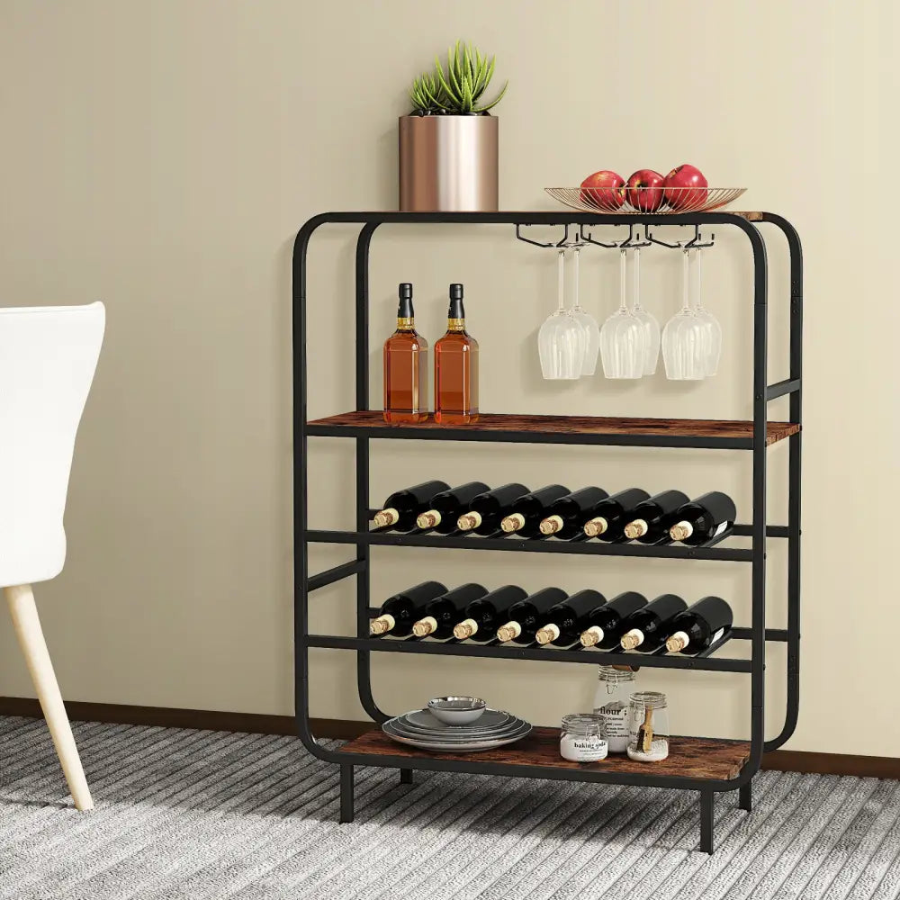 16 Bottle Wine Rack with 5-Tier Wine Shelf and Glass Holders for Kitchen Bar-Rustic Brown - Rustic Brown - Wine Racks