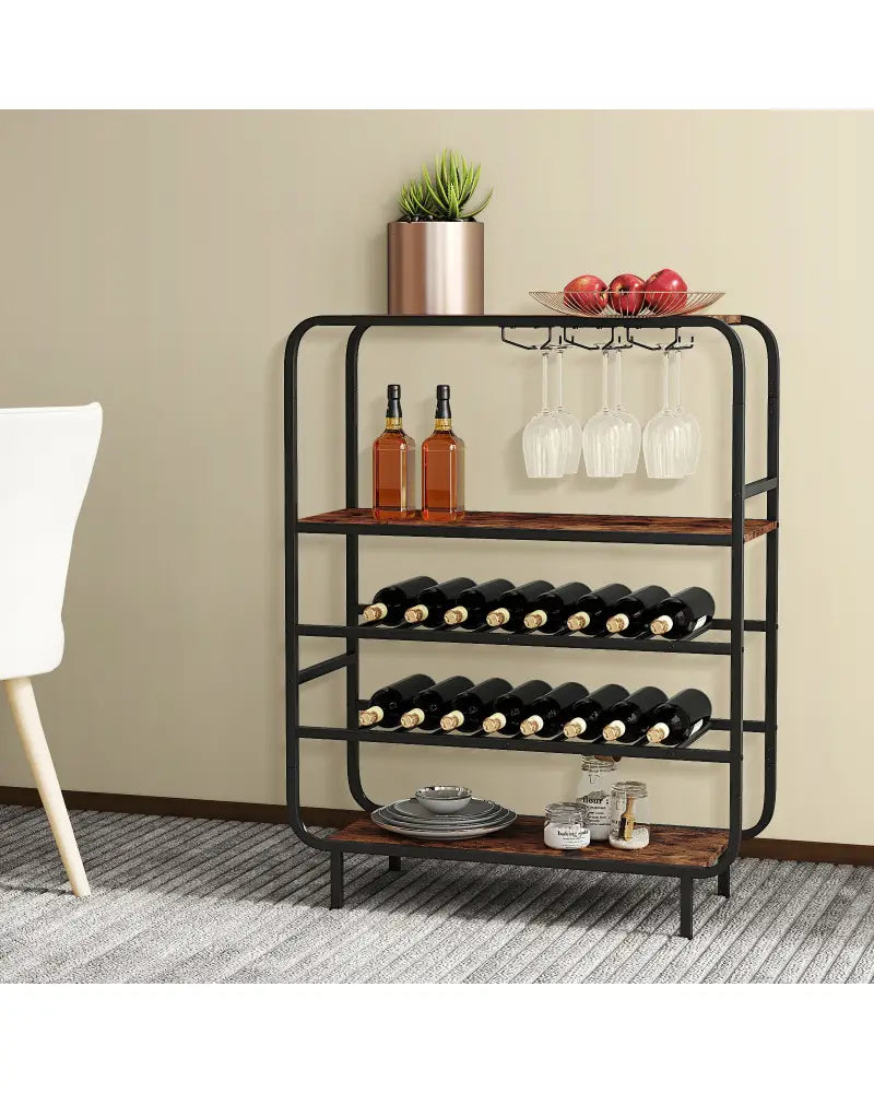 16 Bottle Wine Rack with 5-Tier Wine Shelf and Glass Holders for Kitchen Bar-Rustic Brown - Rustic Brown - Wine Racks