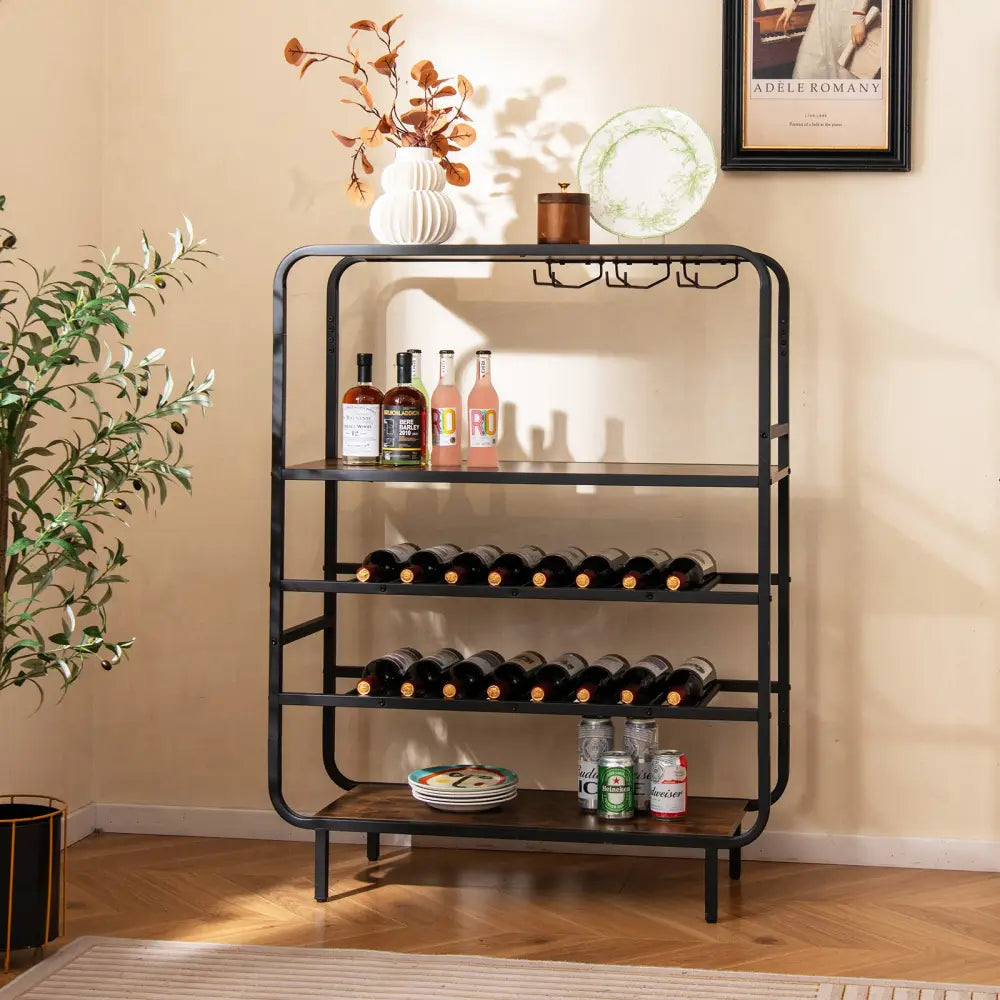 16 Bottle Wine Rack with 5-Tier Wine Shelf and Glass Holders for Kitchen Bar-Rustic Brown - Rustic Brown - Wine Racks