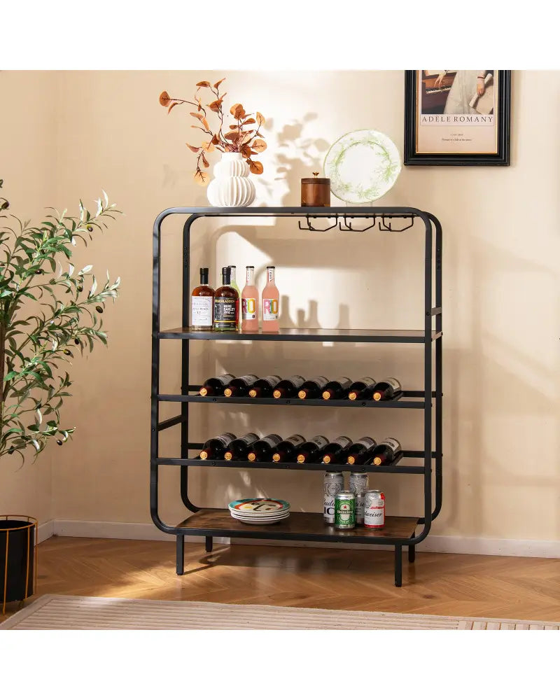 16 Bottle Wine Rack with 5-Tier Wine Shelf and Glass Holders for Kitchen Bar-Rustic Brown - Rustic Brown - Wine Racks
