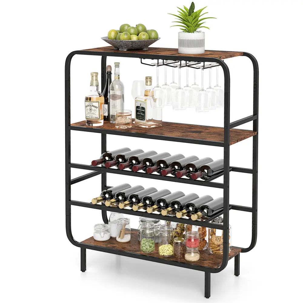 16 Bottle Wine Rack with 5-Tier Wine Shelf and Glass Holders for Kitchen Bar-Rustic Brown - Rustic Brown - Wine Racks