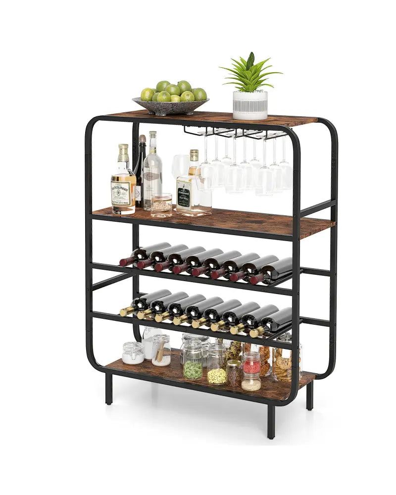16 Bottle Wine Rack with 5-Tier Wine Shelf and Glass Holders for Kitchen Bar-Rustic Brown - Rustic Brown - Wine Racks