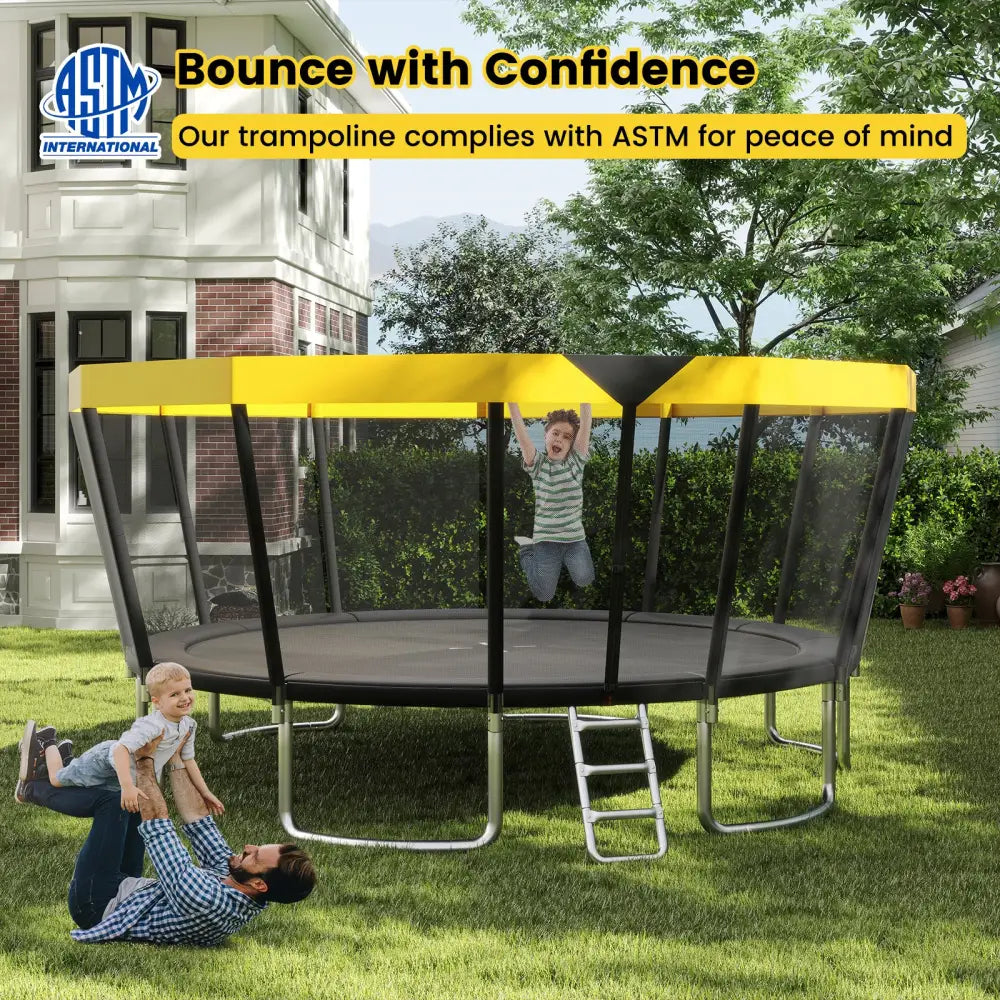 16 FT Outdoor Trampoline ASTM Compliant Recreational Trampoline with Non-Slip Ladder-Yellow - Yellow - Trampolines