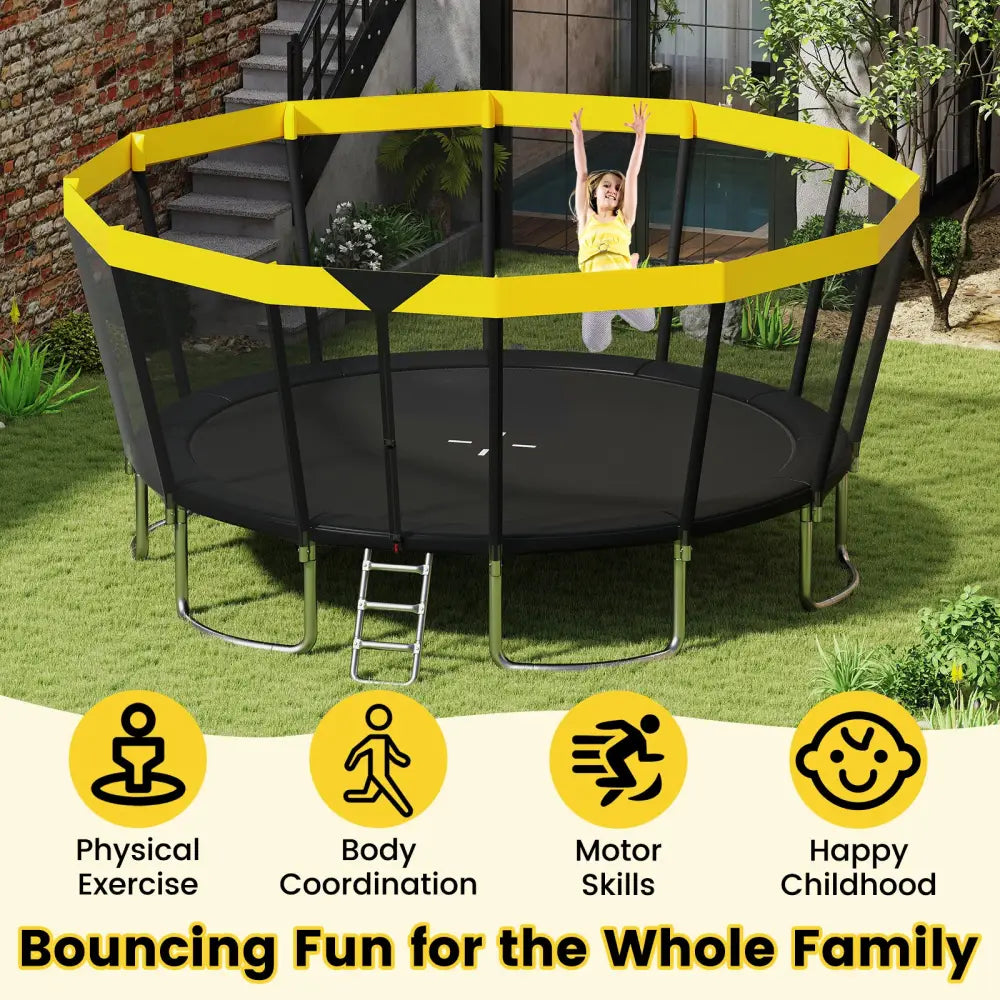 16 FT Outdoor Trampoline ASTM Compliant Recreational Trampoline with Non-Slip Ladder-Yellow - Yellow - Trampolines