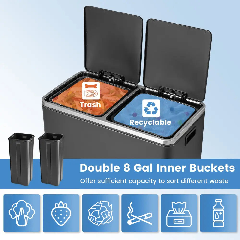 16 Gallon Dual Step Trash Can-Black - Black - Kitchen Trash Cans
