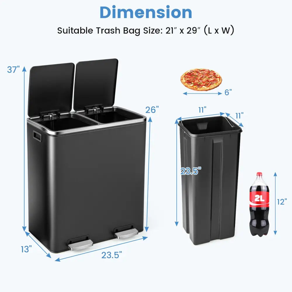 16 Gallon Dual Step Trash Can-Black - Black - Kitchen Trash Cans