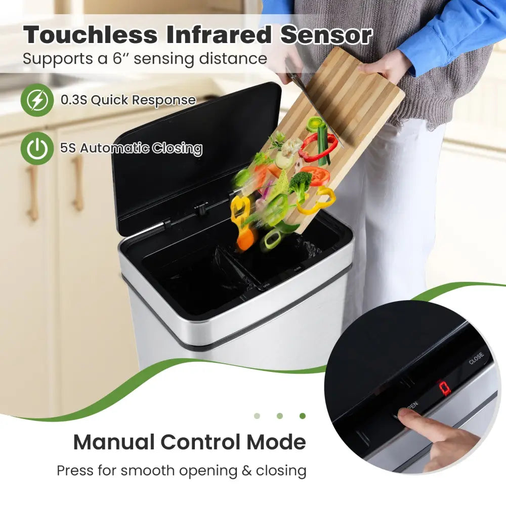 16 Gallon Trash Can Infrared Motion Sensor Garbage Can with Dual Compartments-Silver - Silver - Kitchen Trash Cans
