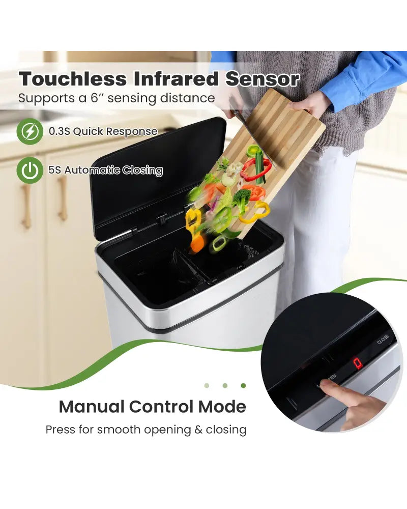 16 Gallon Trash Can Infrared Motion Sensor Garbage Can with Dual Compartments-Silver - Silver - Kitchen Trash Cans