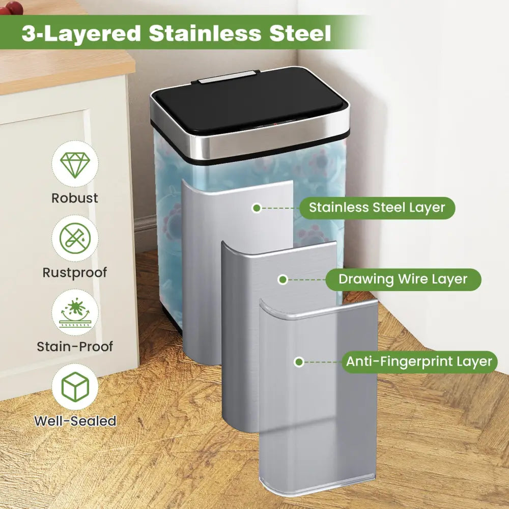 16 Gallon Trash Can Infrared Motion Sensor Garbage Can with Dual Compartments-Silver - Silver - Kitchen Trash Cans