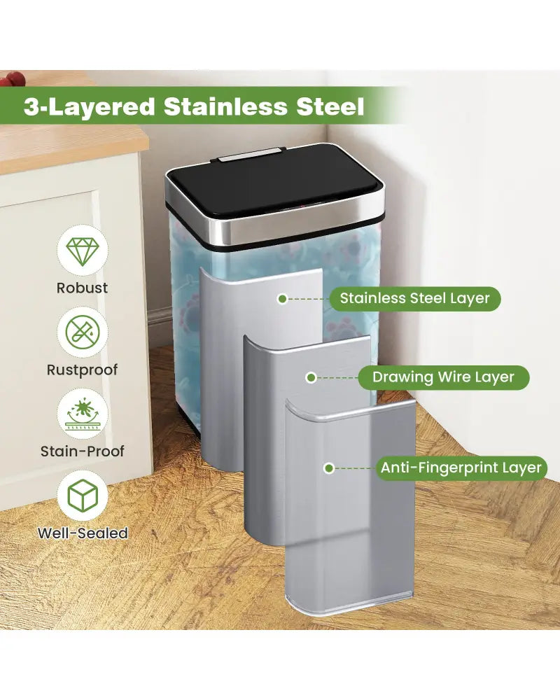16 Gallon Trash Can Infrared Motion Sensor Garbage Can with Dual Compartments-Silver - Silver - Kitchen Trash Cans