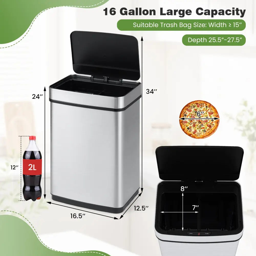 16 Gallon Trash Can Infrared Motion Sensor Garbage Can with Dual Compartments-Silver - Silver - Kitchen Trash Cans