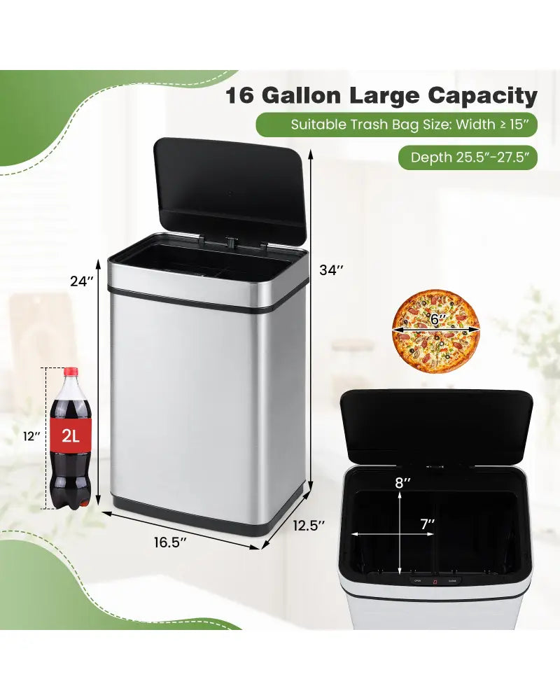 16 Gallon Trash Can Infrared Motion Sensor Garbage Can with Dual Compartments-Silver - Silver - Kitchen Trash Cans