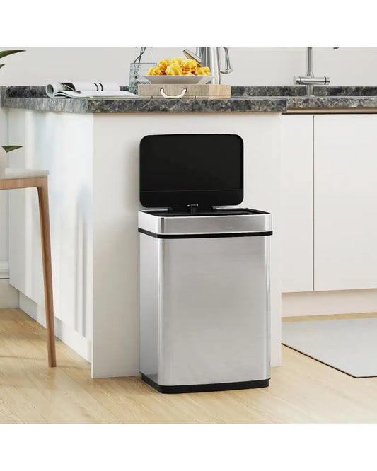 16 Gallon Trash Can Infrared Motion Sensor Garbage Can with Dual Compartments-Silver - Silver - Kitchen Trash Cans