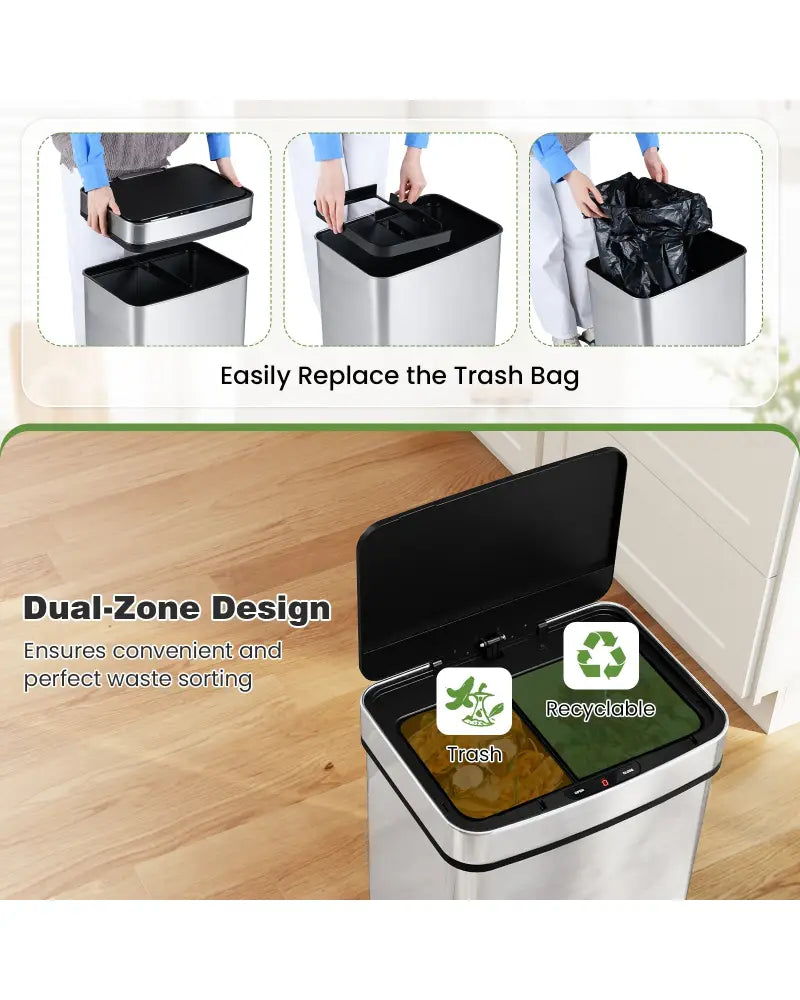 16 Gallon Trash Can Infrared Motion Sensor Garbage Can with Dual Compartments-Silver - Silver - Kitchen Trash Cans