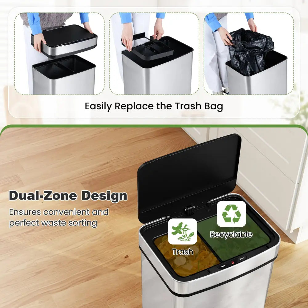 16 Gallon Trash Can Infrared Motion Sensor Garbage Can with Dual Compartments-Silver - Silver - Kitchen Trash Cans