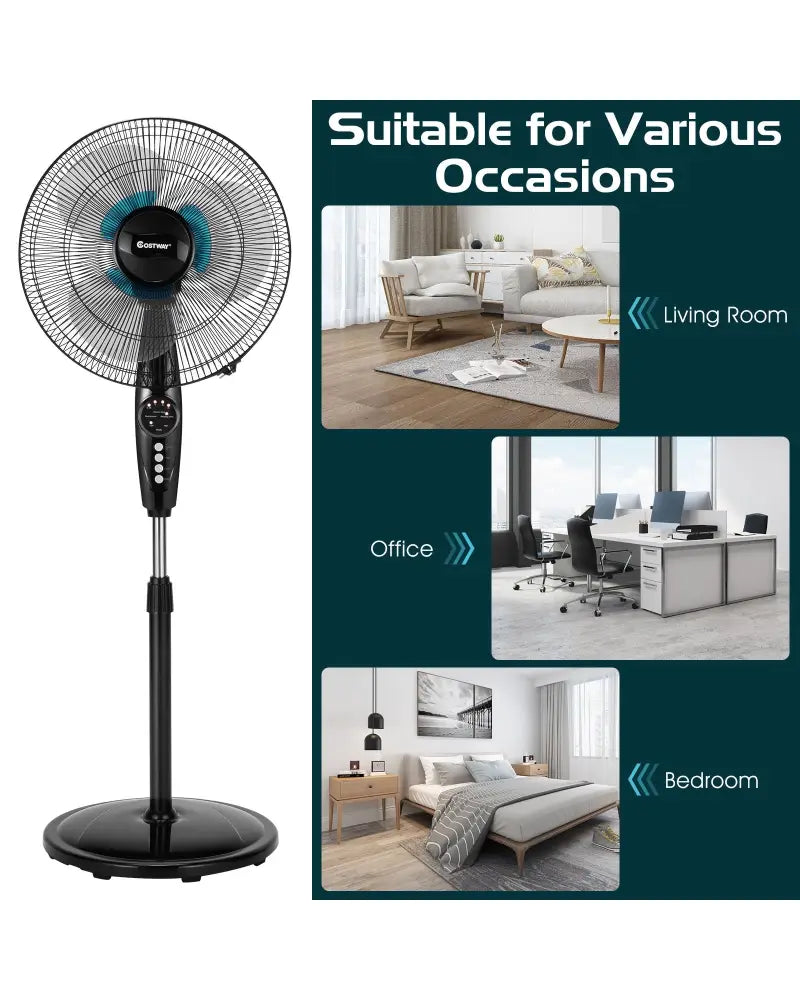 16 Inch Adjustable Height Fan with Quiet Oscillating Stand for Home and Office - Black - Fans