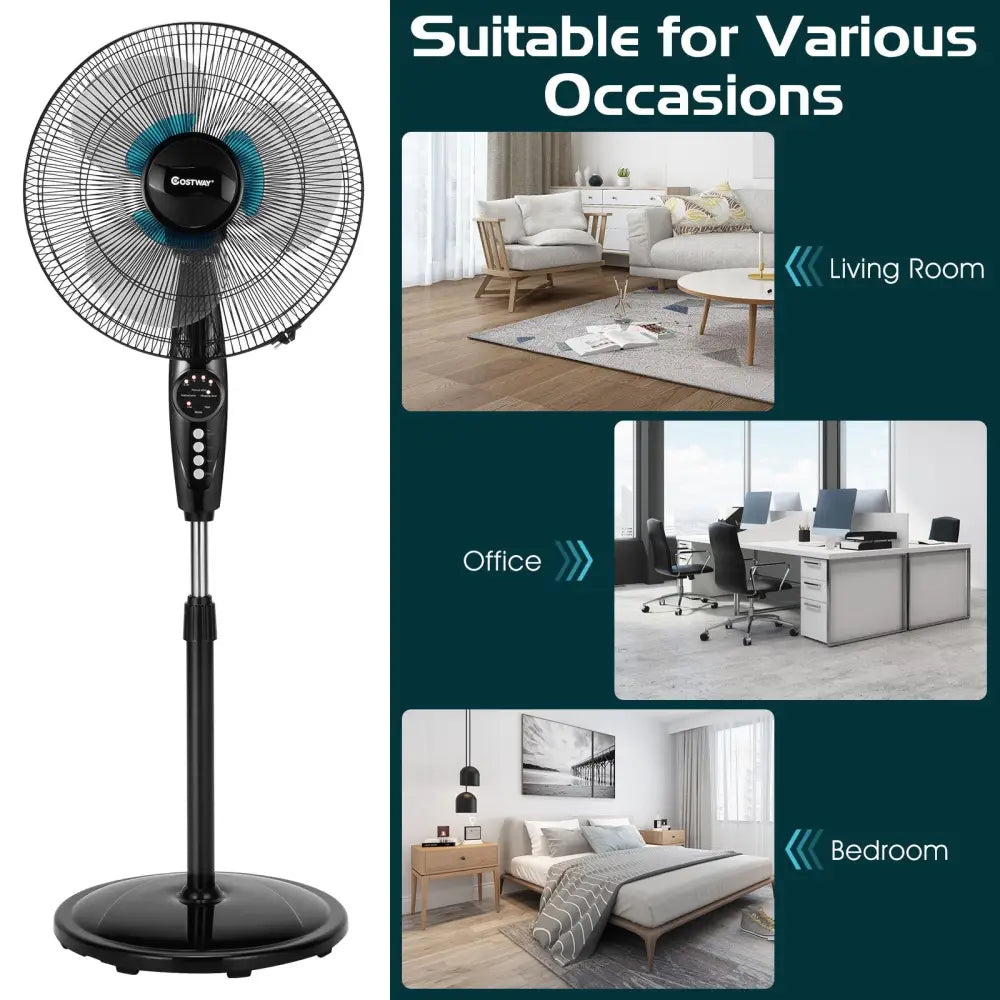 16 Inch Adjustable Height Fan with Quiet Oscillating Stand for Home and Office - Black - Fans