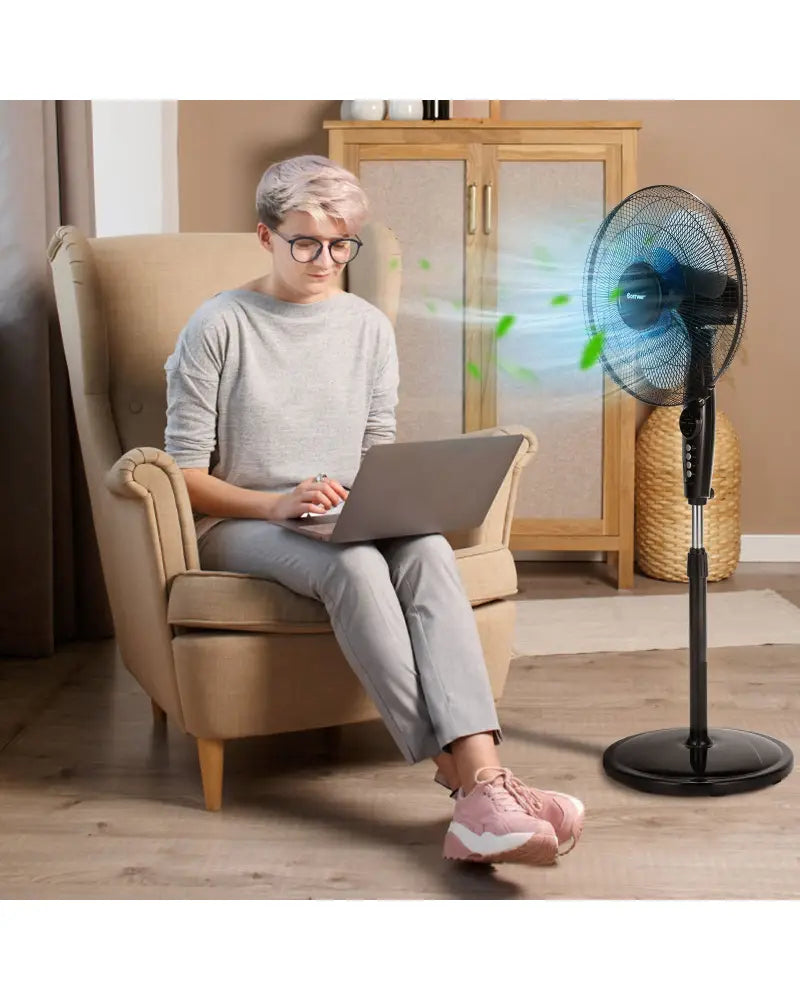 16 Inch Adjustable Height Fan with Quiet Oscillating Stand for Home and Office - Black - Fans