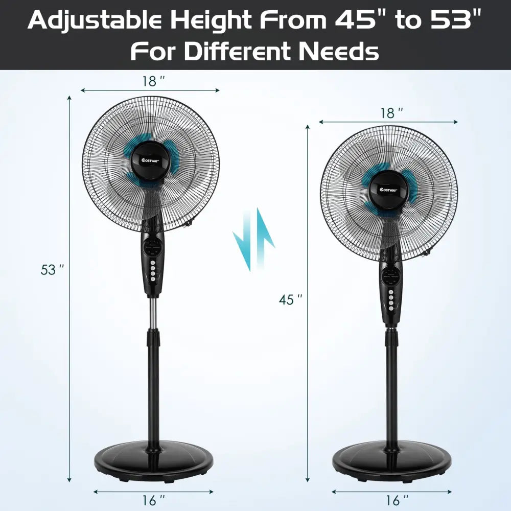 16 Inch Adjustable Height Fan with Quiet Oscillating Stand for Home and Office - Black - Fans