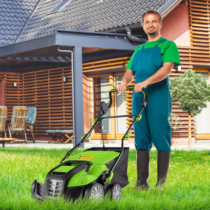 16-Inch Electric Lawn Dethatcher and Scarifier with Collection Bag-Green - Green - Lawn Care Tools