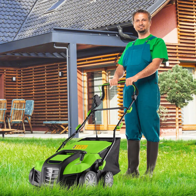 16-Inch Electric Lawn Dethatcher and Scarifier with Collection Bag-Green - Green - Lawn Care Tools