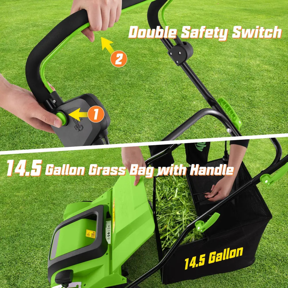 16-Inch Electric Lawn Dethatcher and Scarifier with Collection Bag-Green - Green - Lawn Care Tools